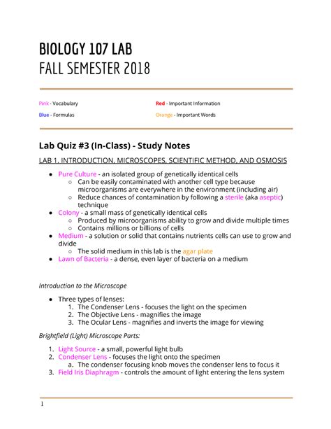 BIOL 107 Lab 1 8 Study Notes For Lab Exam BIOLOGY 107 LAB FALL