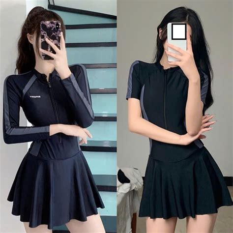 Đủ size 42 62kg QCCC Bikini áo tắm đồ bơi nữ liền đen kín đáo váy xòe phối eo dài tay ngắn