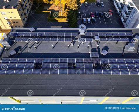 Aerial View Of Solar Panels On The Roof Of The Building Stock Image