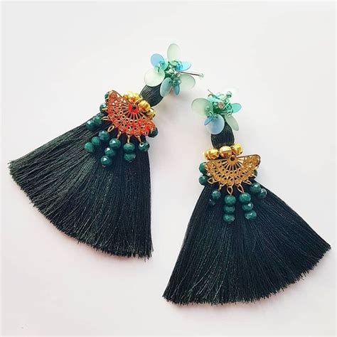 Two Pairs Of Black Tasseled Earrings With Flowers And Beads