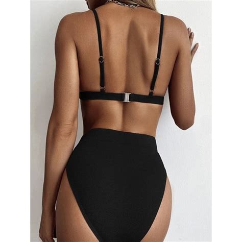 SHEIN Czarny teksturowany strój bikini L SUPELO
