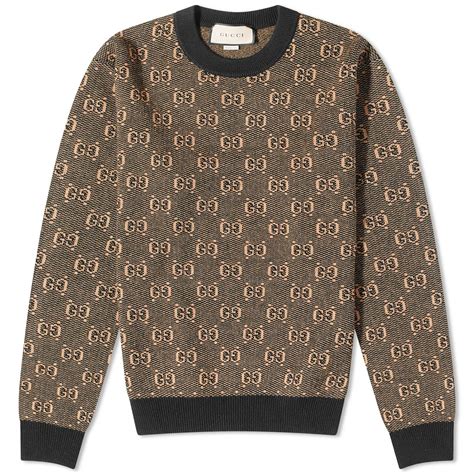 Gucci Mens Gg Logo Crew Knit In Camel Gucci
