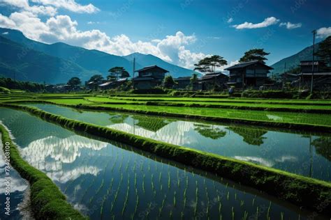 symmetrical rice plantations  flooded field generative ia stock