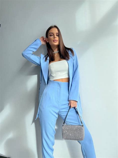 Light Blue Double Breasted Pantsuit For Women Classic Blazer Etsy