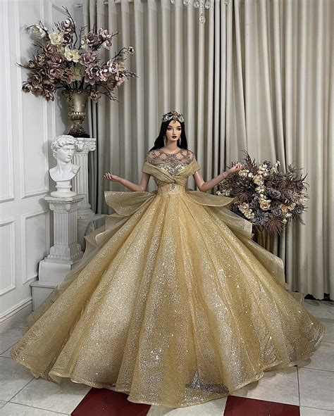 Royal gold beaded crystals sparkle ball gown wedding dress with tiered ...