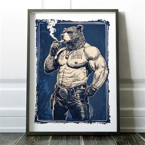 Leather Bear Cigar Erotic Art Nude Male Art Gay Artwork Print Digital Illustration Modern