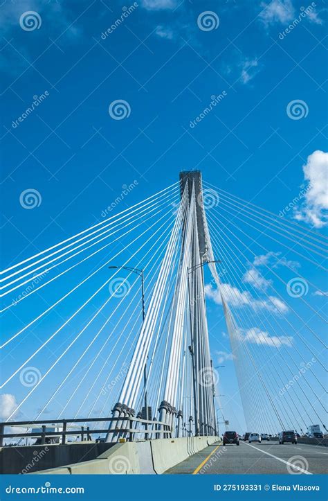 Modern Bridge Pylon Against A Blue Sky Detail Of A Multi Span Cable