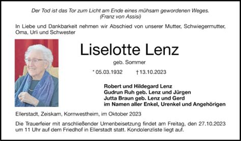 Traueranzeigen Von Liselotte Lenz Trauerportal Ihrer Tageszeitung