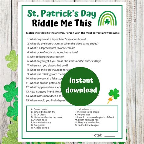 St Patrick's Day Riddle Printable Game St Paddy's Day Office Classroom ...