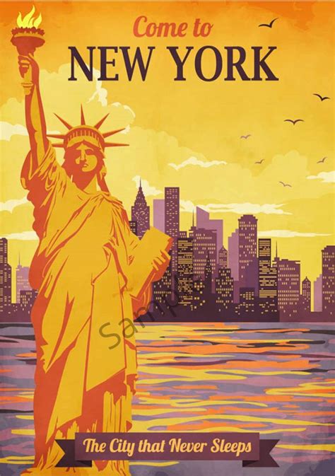 New York Vintage Poster Statue Liberty Retro Art Print Travel Tourism Ad A3 A4 Etsy New York