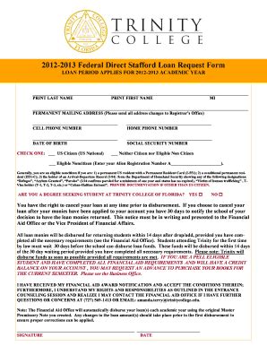 Fillable Online Trinitycollege 2012 2013 Federal Direct Stafford Loan