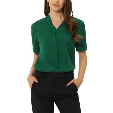 Allegra K Womens Short Sleeve Casual V Neck Chiffon Blouses Tops With Tie