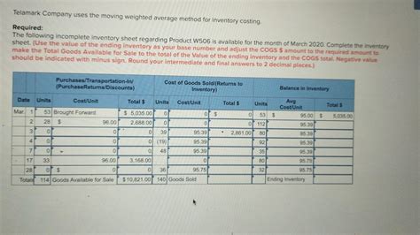 Solved Telamark Company Uses The Moving Weighted Average Chegg