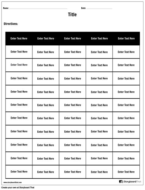 Table Worksheet Template Featuring 5 Columns Storyboard