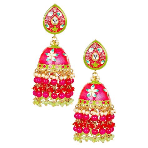 Oomph Pink Minakari Enamel Floral Kundan Large Jhumka Earrings Buy