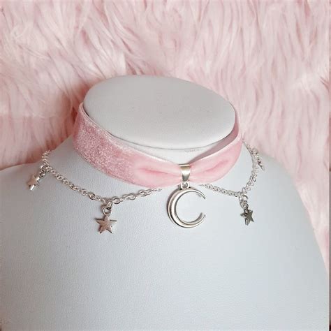 Kawaii Cute Pastel Pink Choker With Moon And Stars Angelic Etsy