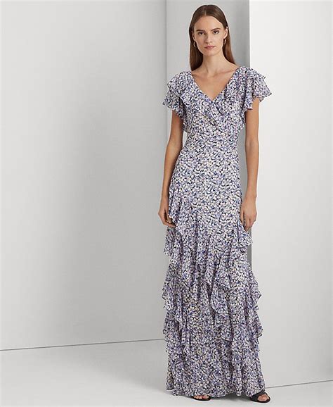 Lauren Ralph Lauren Womens Floral Ruffle Trim Georgette Gown Macys