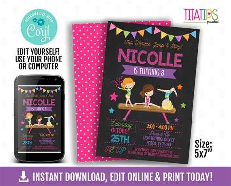 Gymnastic Editable Invitation Gymnastics Birthday Party Invite