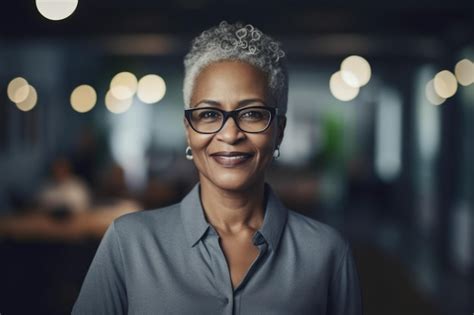 Premium Photo Mature Smart Africanamerican Businesswoman Smiling Face Standing In Blur
