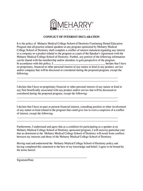 Fillable Online Conflict Of Interest Declaration Meharry Medical