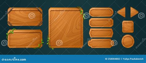 Wooden Game Buttons Cartoon Menu Interface Set Stock Vector