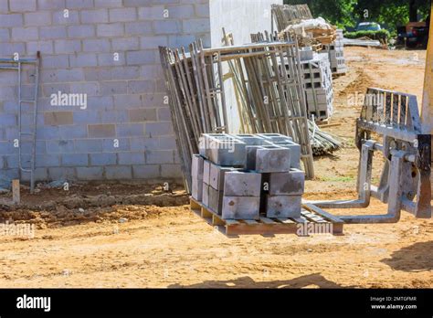 Boom Truck Forklift Moving Cement Blocks To Place Where Wall Of House