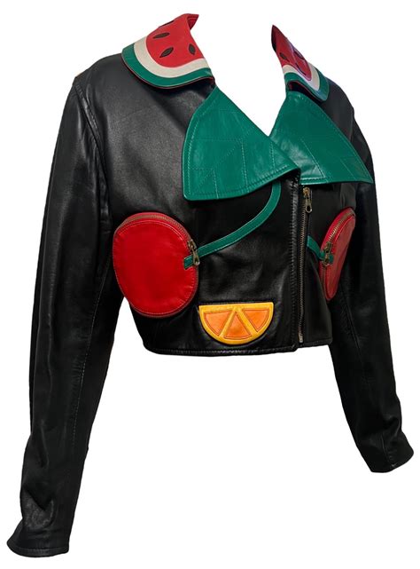 1990's Moschino Fruit Biker Vintage Leather Jacket For Sale at 1stDibs
