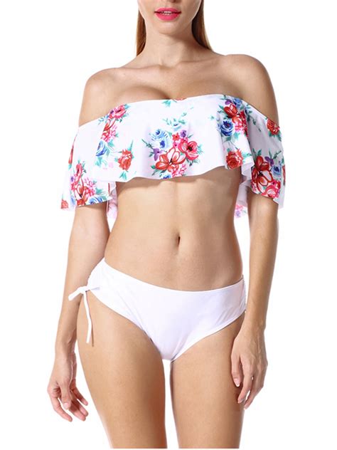 Womens Two Piece Swimsuit Set Off Shoulder Ruffled Flounce Bikini Retro