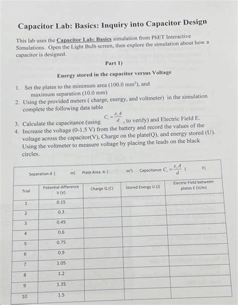 Solved Capacitor Lab Basics Inquiry Into Capacitor Design