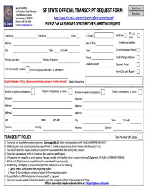 Fillable Online Sfsu Sf State Transcript Request Form Fax Email Print