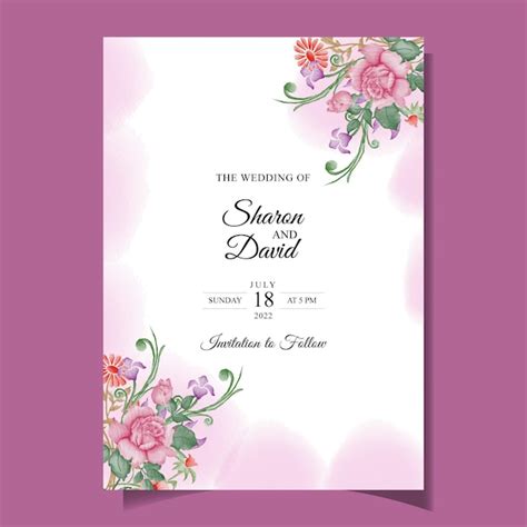 Plantilla De Invitación De Boda Con Decoración De Flores Y Hojas De Rosas De Acuarela Vector