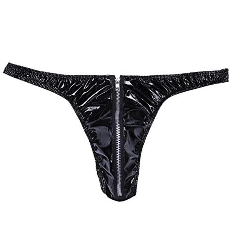 Iefiel Men Lingerie Front Zipper Leather G String Bikini Briefs