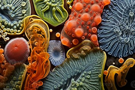 Ultra magnified microscopic marine organisms displaying vibrant diverse natural patterns ...