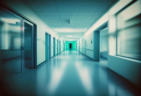 Premium Ai Image A Hallway With A Blue Door And A Green Light On The