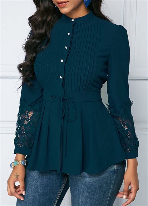 Crinkle Chest Lace Panel Button Detail Peplum Blouse Trendy Fashion