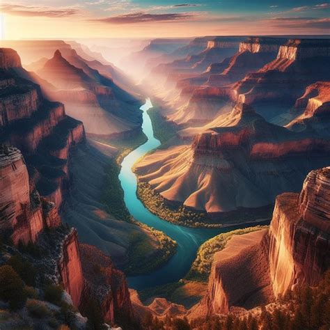 Vista Hiper Realista Da Vibrante Paisagem Dourada Do Grand Canyon