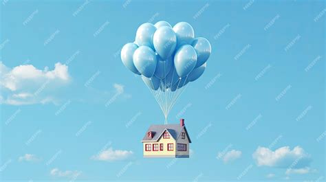 Premium Photo | A flying house attach to many balloon flying in the sky