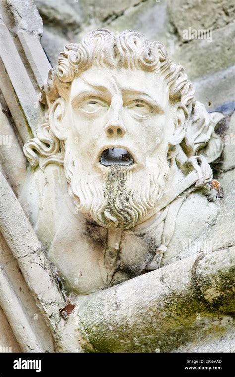 Stone Carved Gargoyle A Grotesque Water Spout Head On The Guttering Of