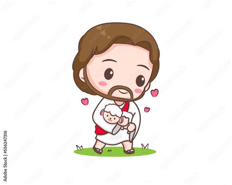 Cute Jesus Christ Hugs The Sheep Cartoon Character Hand Drawn Chibi