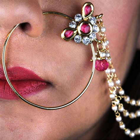 Abhinn Beautiful Designer Gold Plated Large Hoop Floral Pearl Nose Ring