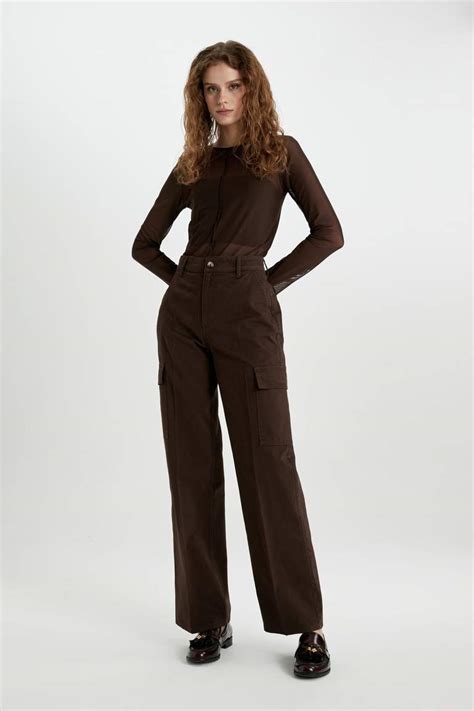 Marron Femme Pantalon Cargo En Gabardine Taille Haute Et Jambes