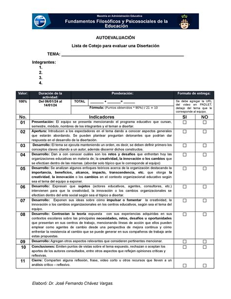 Lista de cotejo Presentación de una clase AUTOEVALUACIÓN Lista de