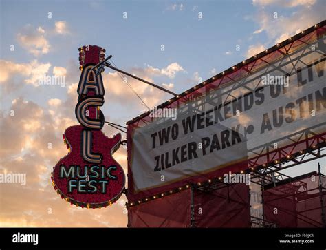 Austin City Limits main entrance gate and neon sign at sunset Stock ...