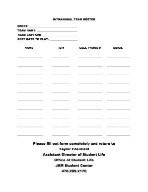 Fillable Online Ega INTRAMURAL TEAM ROSTER Fax Email Print PdfFiller