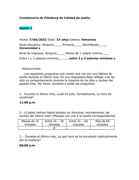 Ejercicio de Sueño del sujeto 1 y 2 Cuestionario de Pittsburg de