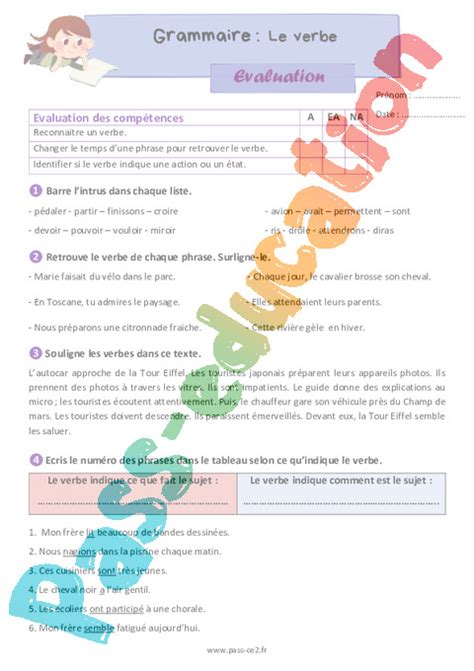 Evaluation Verbe Et Son Infinitif Cycle Bilan Et Controle Corrig