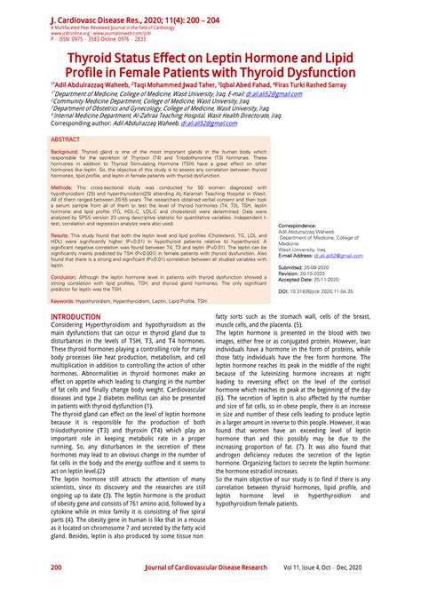 Pdf Thyroid Status Effect On Leptin Hormone And Lipid Profile In