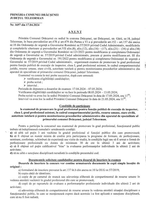 Anunt Examen De Promovare In Grad Profesional Pentru Functia Publica De