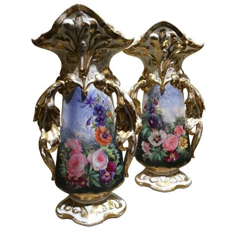 Large Pair of Pottery Porcelain Vases on Pedestals with Bird and Floral Work For Sale at 1stDibs