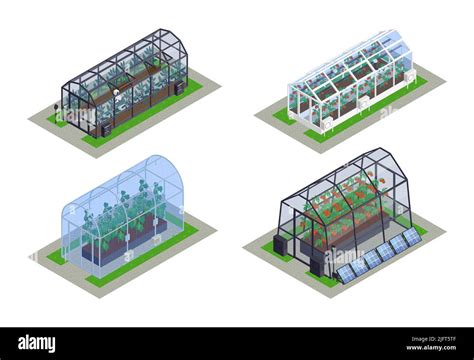 Isometric Greenhouse Modern Smart Icon Set Four Different Sized